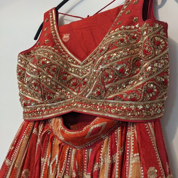 Red Hand-Beaded Lehenga Choli Set - Picture 1 of 5